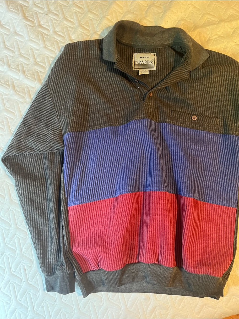 Huk Colorblock V-Neck Ribbed Sweater - Gray, Blue & Red